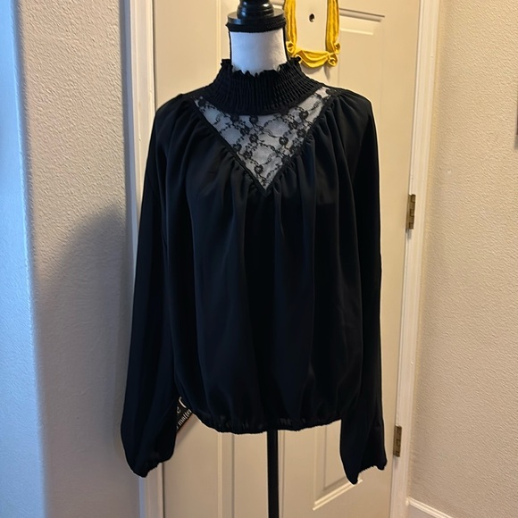 Women’s High Neck Lace Shirred Blouse - Picture 1 of 8